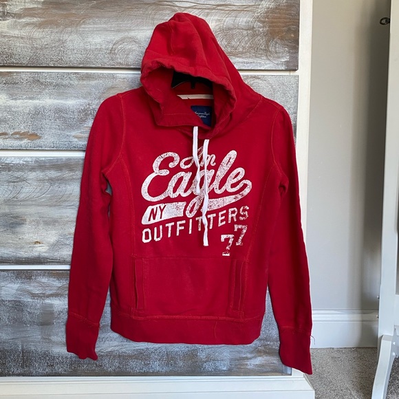 Tops - AE Red Hoodie w Distressed Edging